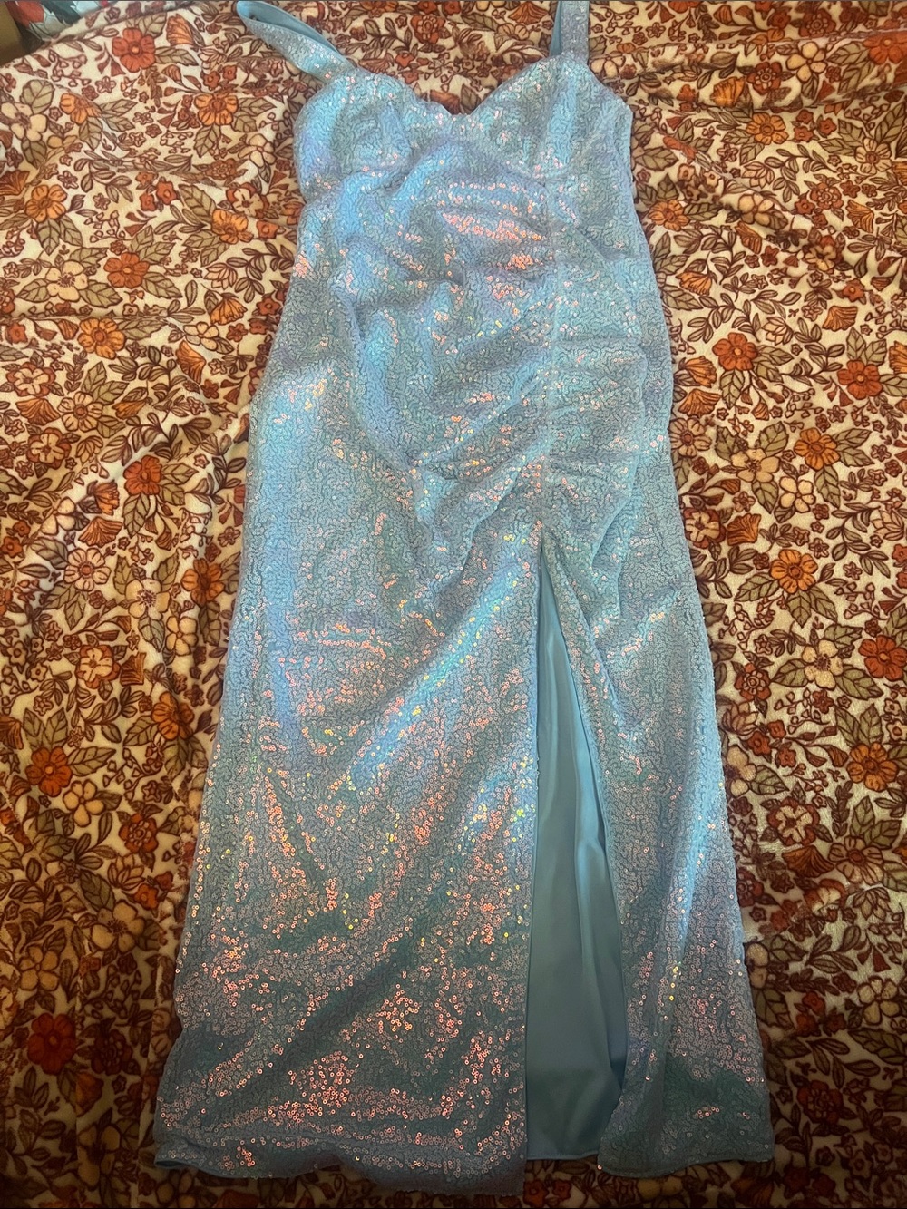 Sparkling Ice Blue Sequin Gown with Side Slit